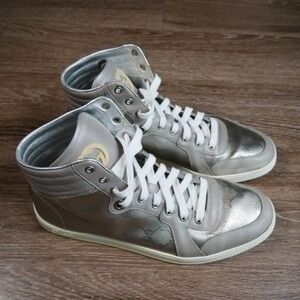 Gucci Men Silver GG Monogram Coda Imprime High Top Sneakers Grey Leather Size 11